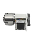 Top Shelf Rock Solid 80Mm Plus 100Mm Three Jaw Cnc Rotary Table Upgrading To Fourth Axis Dividing Index Head Paired With 65Mm Mt2 Tailstock showing stepper motor with chuck and wiring.