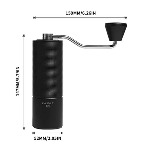 Chestnut C3S Manual Coffee Grinder With All Metal Aluminum Body Conical Burr Hand Coffee Grinder Adjustable Grind Settings For On The Go Travel Camping And Home Black, side view showing dimensions