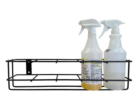 Wall Mount Spray Bottle Rack For Up To Five 32 Oz Bottles, Tough As Nails Heavy Duty Steel Holder for organizing spray bottles, black color.