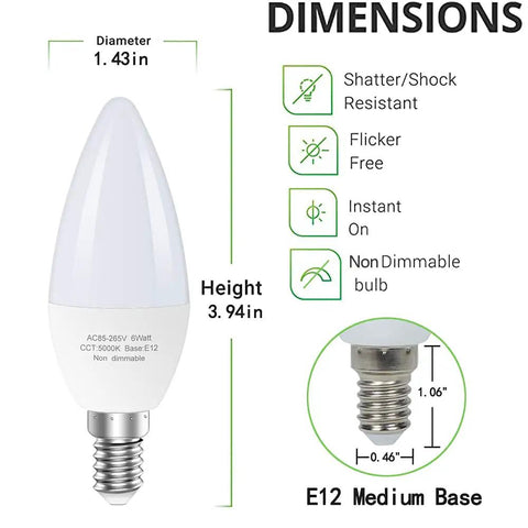6-Pack E12 LED Candle Light Bulbs 60W Equivalent Non Dimmable Daylight 5000K Type B For Chandeliers And Ceiling Fans No Fuss Install Energy Saving 550 Lumens High CRI Flicker Free Long Lasting Home Decor Lighting