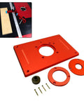 Premium Aluminum Alloy Router Table Insert Plate Built Like A Legend With Heavy Duty Components And Pro Shop Ready Grip For Serious Woodworkers Chasing Dead Nuts Accurate Routing Results Daily, showing red metal insert with mounting holes and accessories.