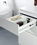 Open drawer showing 22 Inch Ball Bearing Drawer Slides Soft Close Full Extension Heavy Duty With Brackets Side Or Rear Mount Zinc Plated Steel 78 Lb Load Capacity 10 Pairs For Kitchen Cabinets Furniture And Tool Chests Smooth Quiet Glide installed in a white cabinet, exposing towels and toiletries.
