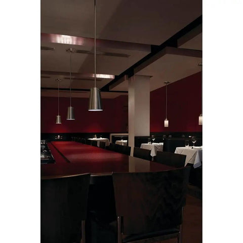 One Light LED Mini Pendant In Brushed Nickel With Integrated 3000K Warm LED Slick Steel Build Dry Location Rated Modern Pendant Over Dining Area