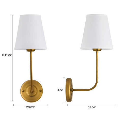 Hardwired Wall Sconce Set Of 2 With Flared White Textile Shade And Curved Arm In Antique Brass Finish For A Cozy Modern Bedroom Vanity Glow E26 Socket Dimmable LED Friendly 110V To 120V 60W Max