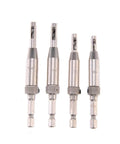 Front view of 4 HSS self-centering hinge-tapper drill bits with 1/4in quick-change hex shanks for wood.
