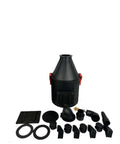 Rock Solid Cyclone Dust Collector With Wall Mount And Wheeled Debris Bucket, black components and attachments for dust collection.
