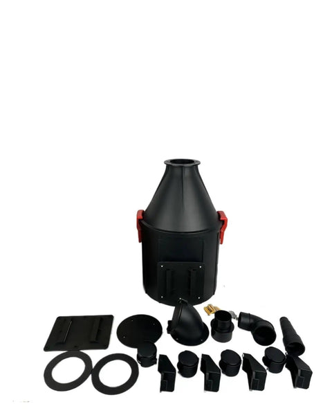 Rock Solid Cyclone Dust Collector With Wall Mount And Wheeled Debris Bucket, black components and attachments for dust collection.