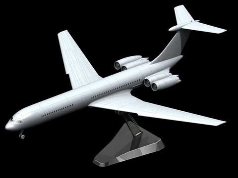 Plastic Aircraft Model Kit Ilyushin 62M Soviet Passenger Plane 1 144 Scale with Easy Assembly on display stand.