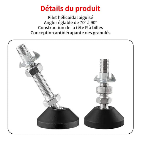 Set Of 4 M10 Adjustable Threaded Levelers With T Nuts Built Tough Swivel Base Feet showing rubber base and adjustable steel threads.