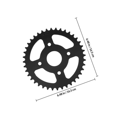 Black rear sprocket gear with bore and pitch, 165 mm diameter for dirt bike and electric scooter replacement, heavy duty build.