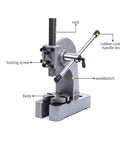 Heavy Duty Cast Iron Manual Desktop Arbor Press showing body, rubber-coated handle lever, and components for precision work.