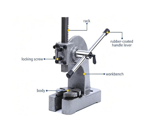 Heavy Duty Cast Iron Manual Desktop Arbor Press showing body, rubber-coated handle lever, and components for precision work.