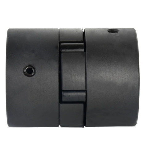 Front view of black 3-piece L-jaw coupling with Buna-N rubber spider for log splitter shafts, 1" to 1-3/8"