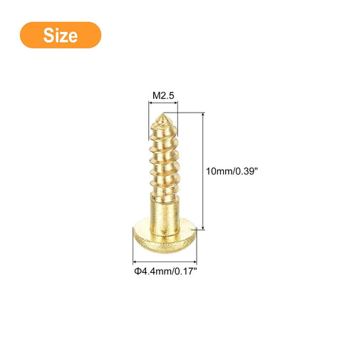 Brass Wood Screws M2.5 By 10mm Slotted Round Head Self Tapping 30 Count, showing screw dimensions in an illustrative diagram.