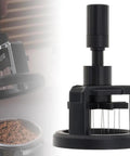Slick 58mm Espresso Distributor Tool With Rotary Dose Needle for compact filter baskets and clump removal.