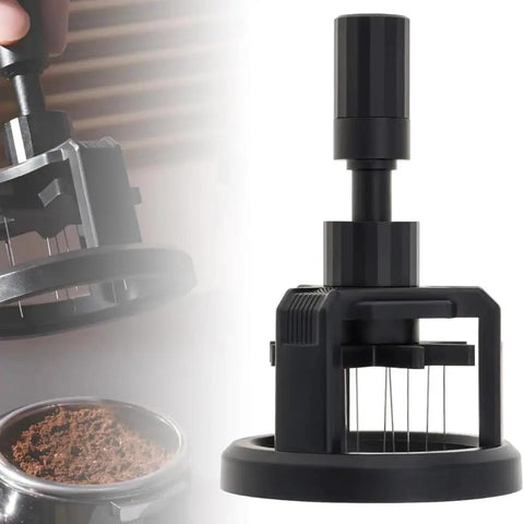 Slick 58mm Espresso Distributor Tool With Rotary Dose Needle for compact filter baskets and clump removal.