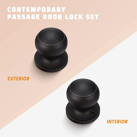 Oil Rubbed Bronze Indoor Door Knobs 2 Pack Non Locking Passage Door Knob Set For Hallway And Closet ANSI Grade 3 Certified Easy Install Durable Hardware, showing exterior and interior views
