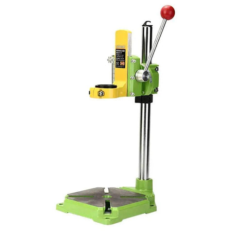 Beefy Heavy Duty Floor Drill Press Stand Table For Precision Drilling with cast iron base and adjustable rod, green and yellow design.