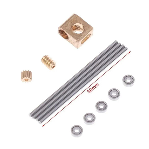Compact Brass Worm Gearbox 90 Degree Right Angle Drive 12 To 1 Reduction 0.2 Module parts including brass square, metal rods, and gears.