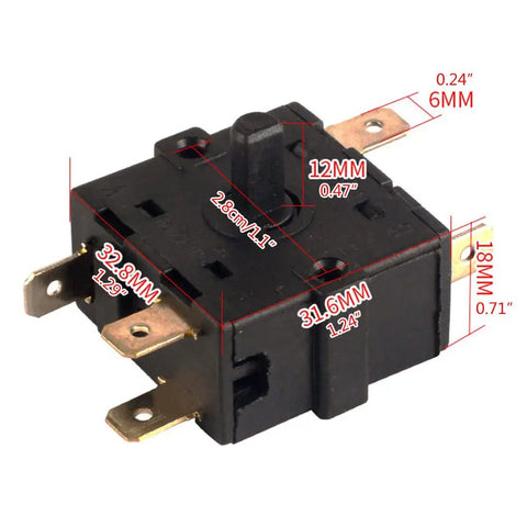 Electric Room Heater With Rotary Selector 3 Pin 2 Gear And 5 Pin 3 Gear 250V 16A black manual switch close-up with measurements
