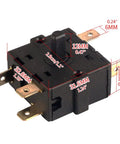Hot Electric Room Heater Rotary Switch Selector 250V 16A with 3 Pin 2 Gear and 5 Pin 3 Gear options shown with measurements