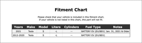 Fitment chart for Heavy Duty Engine Cooling Fan Module For Tesla Model S 2012 Through 2021 detailing compatible models