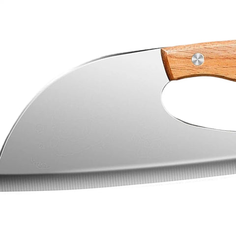 Close-up of heavy duty stainless steel meat cleaver blade with wooden handle, part of the 2 piece kitchen chopper set for boning and veggie prep.