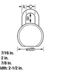 Technical diagram of keyed padlock with dimensions: width 2-1/2 in, shackle diameter 7/16 in, boron alloy for heavy duty use.