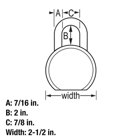 Technical diagram of keyed padlock with dimensions: width 2-1/2 in, shackle diameter 7/16 in, boron alloy for heavy duty use.