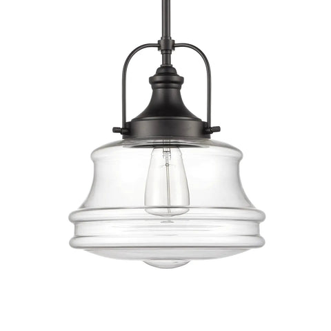 Black Farmhouse Pendant Light With Clear Glass Schoolhouse Style, E26 Dimmable Hanging Fixture for kitchen island or dining room