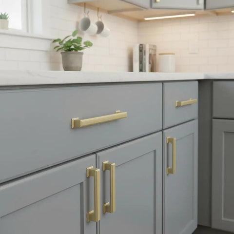 15 Pack Brushed Brass Cabinet Pulls 5 Inch Hole Center 128mm Kitchen Cabinet Handles For Cabinets And Drawers Upgrade Your Space With A Slick Durable Solid Brass Look And Easy Install AL3071BB on grey kitchen cabinets