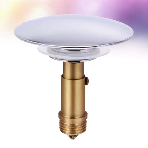 Pop up Drain Hole Water Stopper for Bathroom Sinks and Bathtubs featuring a chrome top and brass base for easy use.