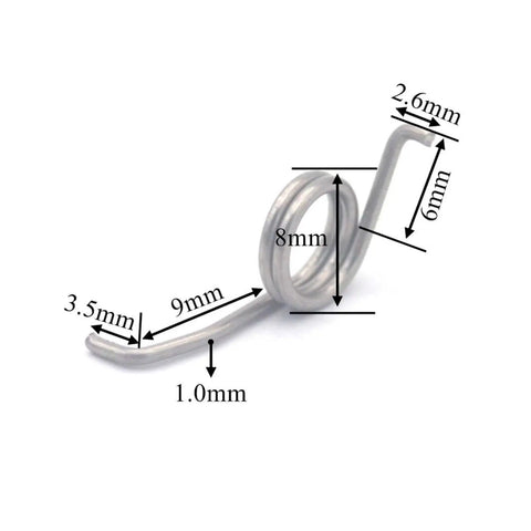Pro Grade Fishing Reel Wheel And Spring Tool Kit showing detailed measurements of a 10 x 6.7mm stainless steel spring for repairs.