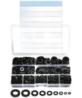 Nylon Flat Washer Kit 1200 Piece Assortment Black Plastic Insulating Spacers M2 To M10 For Automotive Mechanical Aviation And Home Projects Pro Grade DIY Friendly In A Handy Organized Storage Box, open box with black washers
