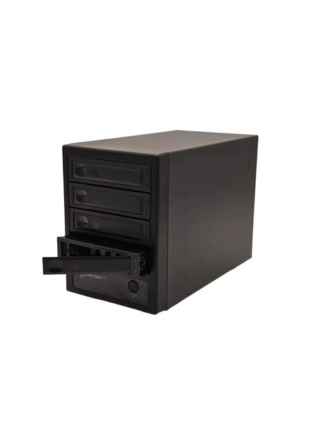 Rock Solid USB C External Storage 4 Bay Sata Hdd Ssd Enclosure with one bay open for easy access and backup.