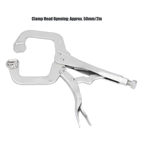 Heavy Duty C Clamp Locking Pliers With Adjustable Jaw For Welding And Grinding Projects Made From Tough 55# Steel With Sandblasted Finish, approx. 50mm opening.