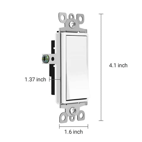 Smooth Paddle Rocker Light Switch For Single Pole On Off Control, dimensions shown, 120V 277V 15A, durable design