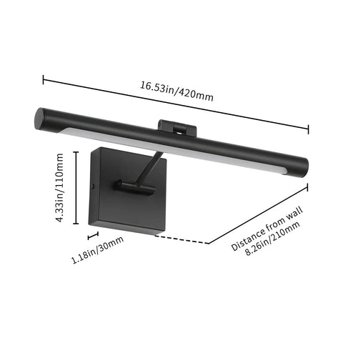 Sleek 16.53 Inch LED Picture Light For Paintings, Black Wall Lamp With Rotatable Light Tube dimensions