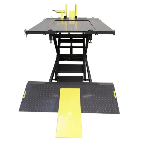 Heavy Duty Motorcycle And Atv Lift Platform Boasting 1500 Lb Capacity Knockout Wheel Vise Dual Hydraulic Air Power Rig Reinforced Steel Deck Full Swivel Casters Beefy Garage Workhorse