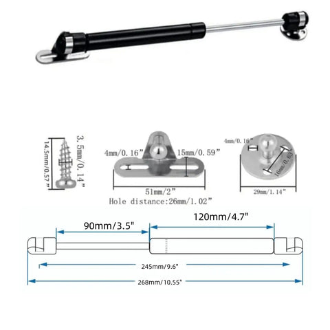 Diagram of Beefy 10 Inch Gas Struts For Cabinets 60N 14 Lb Soft Open Lift Support with dimensions and components.