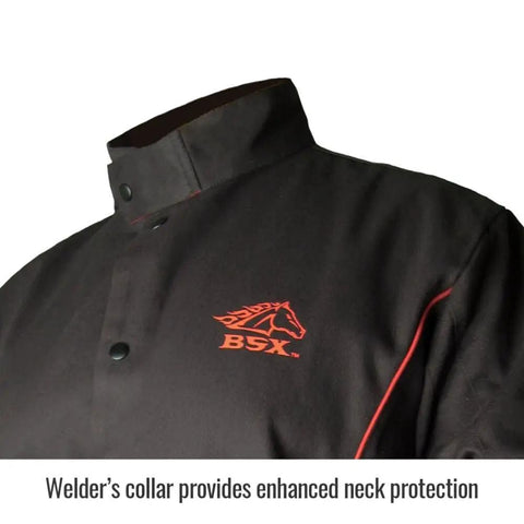 Black Flame Accent Welding Jacket 9 Oz Flame Resistant Cotton XL with Red Flames Trim Welder Collar Extended Length Dual Inside And Scribe Pockets Adjustable Cuffs And Waist Straps