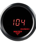 Front view of a 2-inch black digital water temperature gauge with red LED readout showing 104°F and silver bezel