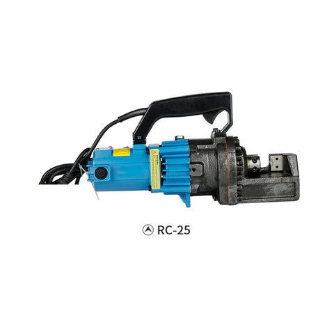 AOXHUGB 4-25mm Electric Hydraulic Rebar Cutter Portable Steel Blade Shear Tool for Construction Sites side view with blue motor.