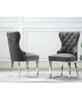 Turn Up Your Hosting Game With This Six Piece Round White Marble Dining Set Featuring A Smooth Lazy Susan Silver Stainless Steel Base And Four Plush Charcoal Velvet Seats For A Straightup Flex Setup - Two plush gray velvet dining chairs with button tufting.