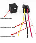 4 Pin SPST 12V 40A Car Relay Harness Kit with 12AWG color coded wires, socket, copper wiring, and iron backed relay shown in detail