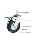 Heavy Duty Eight Inch PU Swivel Wheels With No Fuss Brakes And Built Different Durability M20 Threaded Stem showing brake and features.