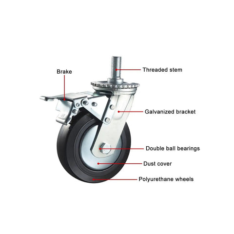 Heavy Duty Eight Inch PU Swivel Wheels With No Fuss Brakes And Built Different Durability M20 Threaded Stem showing brake and features.