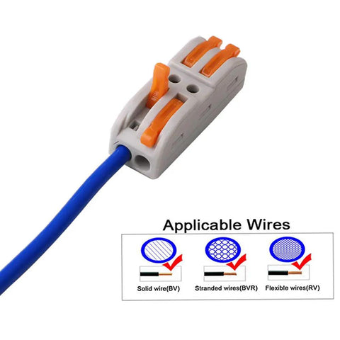 30 Pcs Lever Nut Wire Connectors SPL2 SPL3 Bundle For Quick Splice And Easy Wiring, showing connected blue wire in SPL-3 connector.