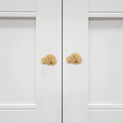Dope Cat Shaped Brass Cabinet Door Knob With Smooth Finish, Vintage Gold Cabinet Pull On White Doors