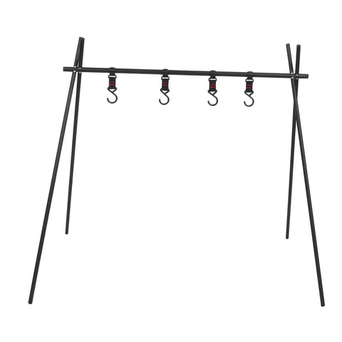 Portable Campfire Cooking Stand Tripod for BBQ Grill with hanging hooks, aluminum alloy frame, outdoor camping gear, 75 x 49 x 74.5 cm.
